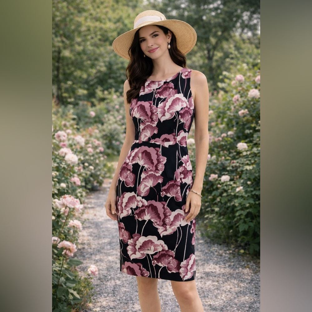 Ann Taylor Black and Pink Floral Midi Dress